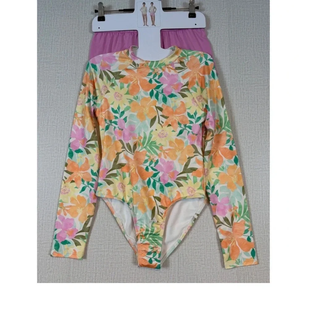 NWT Billabong Girls 2-Piece Swim Floral Rash Guard Bodysuit Shorts Pink